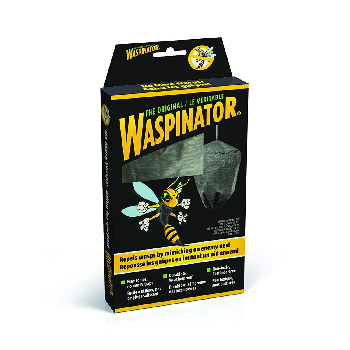 a black and yellow rectangular box with an angry cartoon wasp on the front. 