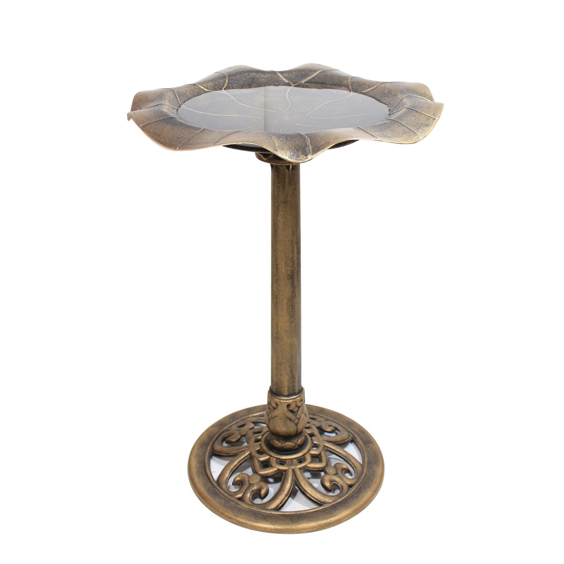 A tall bronze-coloured bird bath with water on top in the dish. 