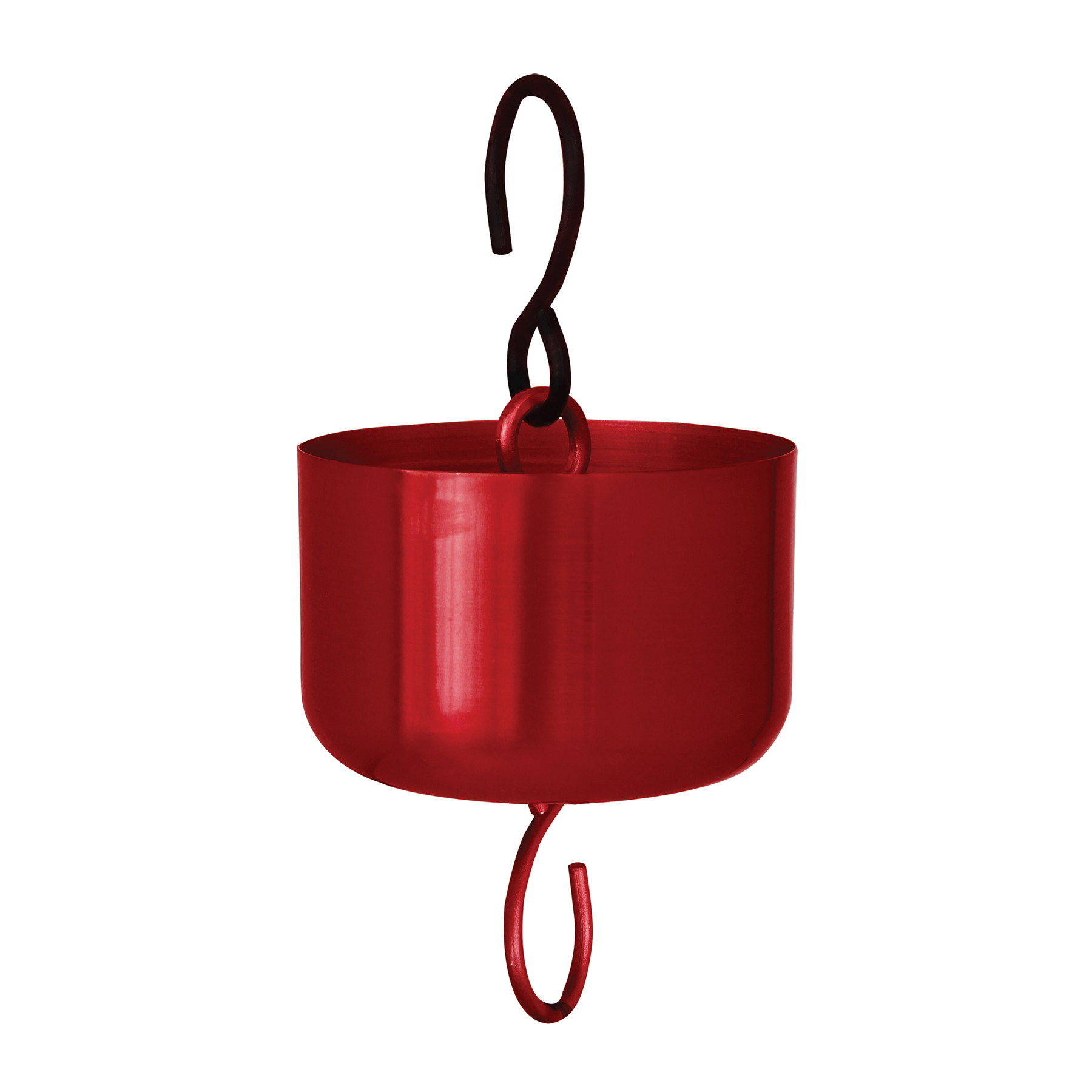 A round red container with a hook on the top and bottom of it. 